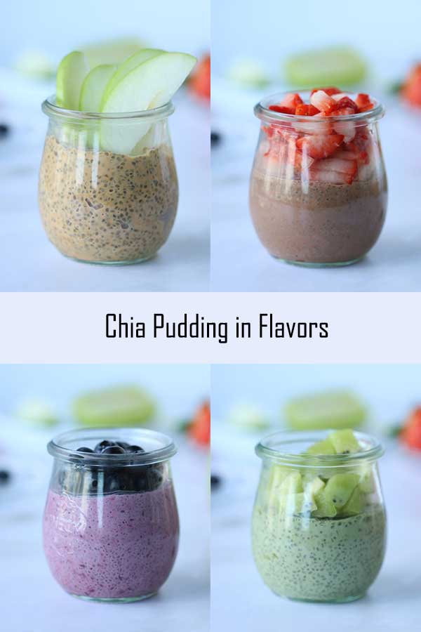 collage of 4 chia pudding jars in different flavors