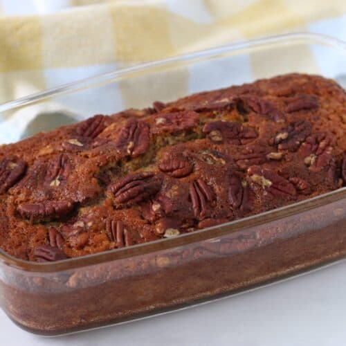 banana cake in a loaf pan
