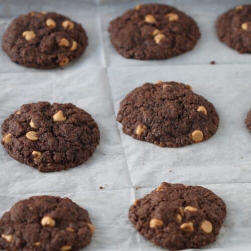 chocolate peanut butter chip cookies on a baking pan