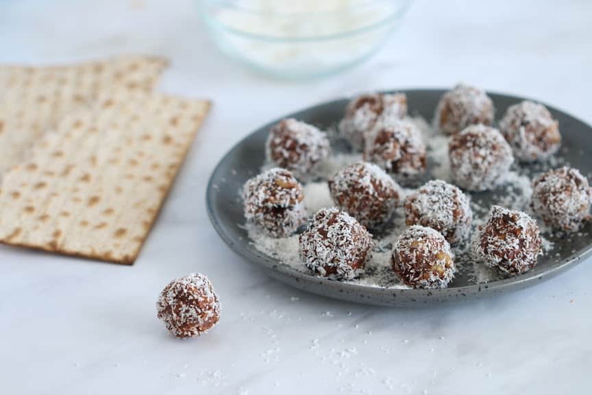 Passover Chocolate Coconut Balls on a plate