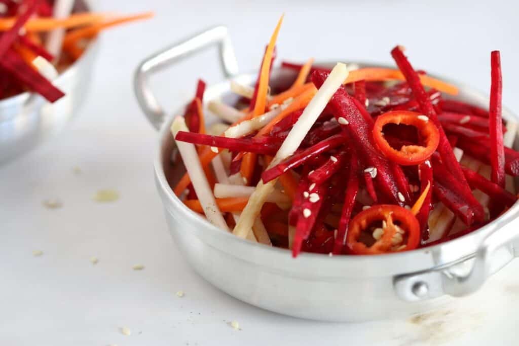 beet carrot salad in a small bowl