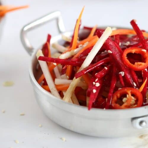 root vegetable salad in a small bowl
