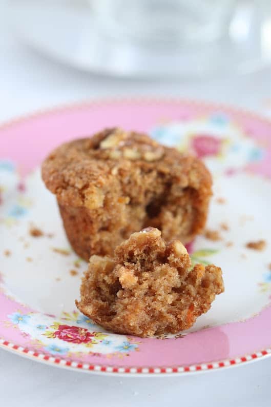 Carrot Apple Muffin cut open on a plate