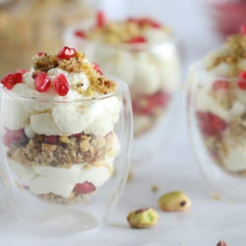 White Chocolate Mousse with Pistachio Crumble in cups