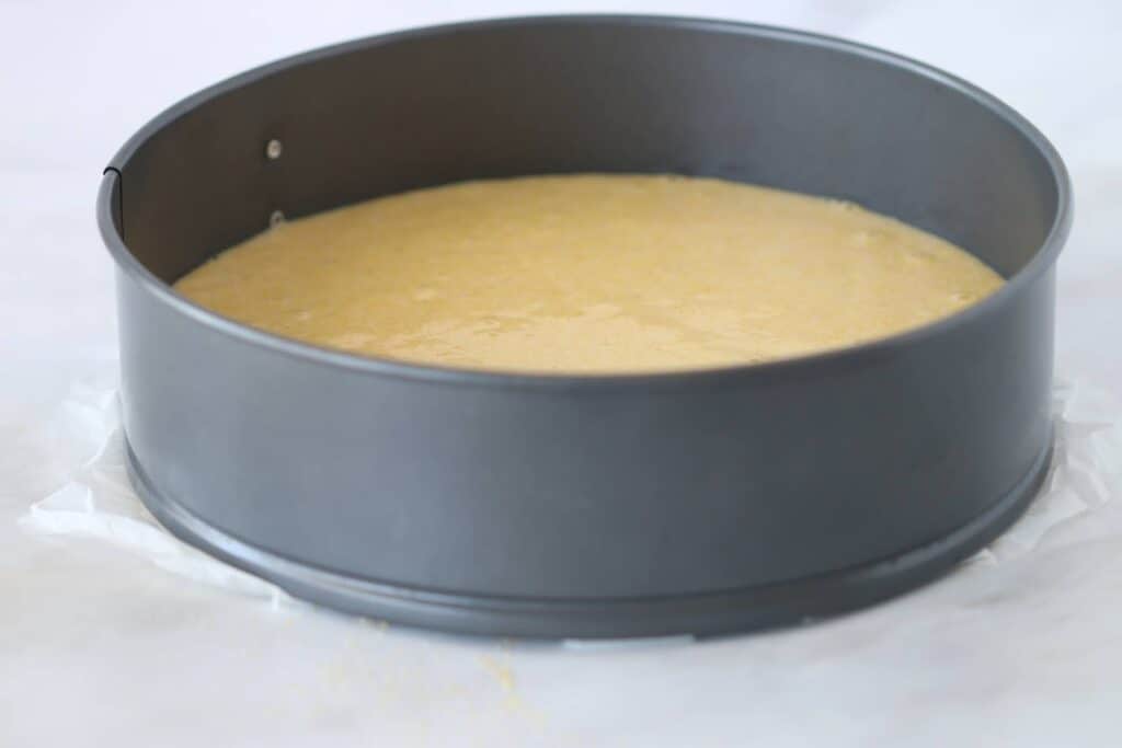 dairy free cornbread in a baking pan before baking 