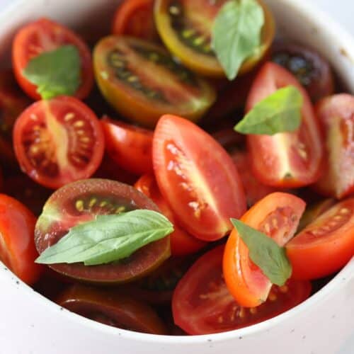 Tomato Basil Salad in a bowl