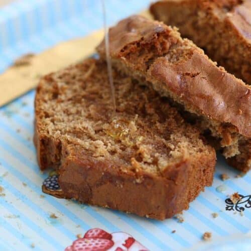 Honey Coffee Cake on a blue platter